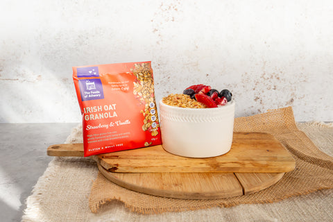 A single sachet of gluten free granola with Irish oats and Strawberry & Vanilla